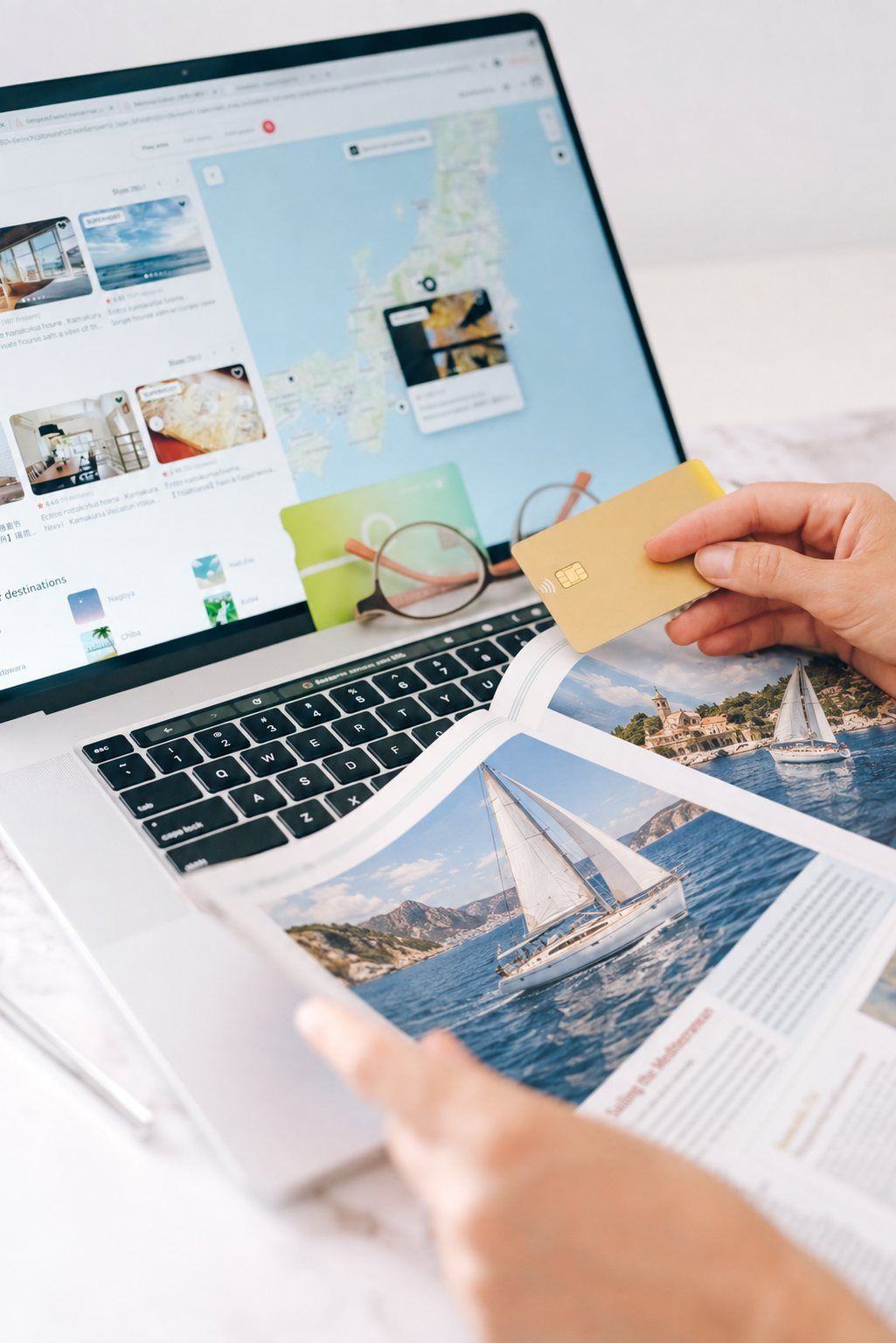 Someone booking a sailing trip on a laptop, card in hand, with a sailing brochure open on the keyboard