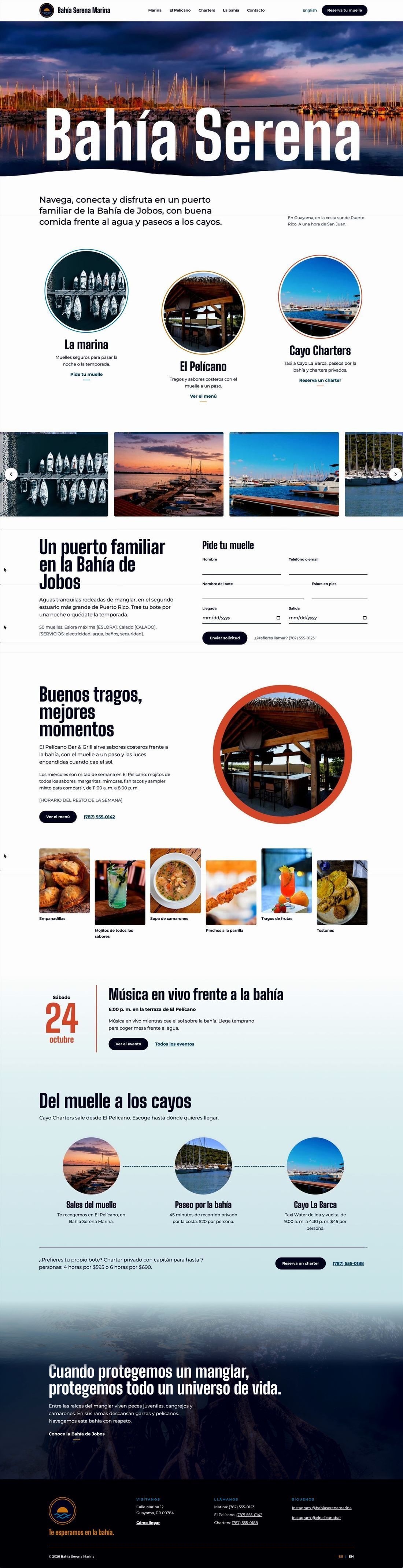 Full homepage design for Bahía Serena Marina, scrolling from the hero through the marina, restaurant, events and charters