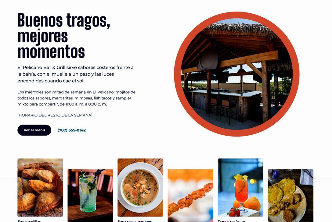 Restaurant section of the Bahía Serena site, in Spanish, with the bar and a food gallery