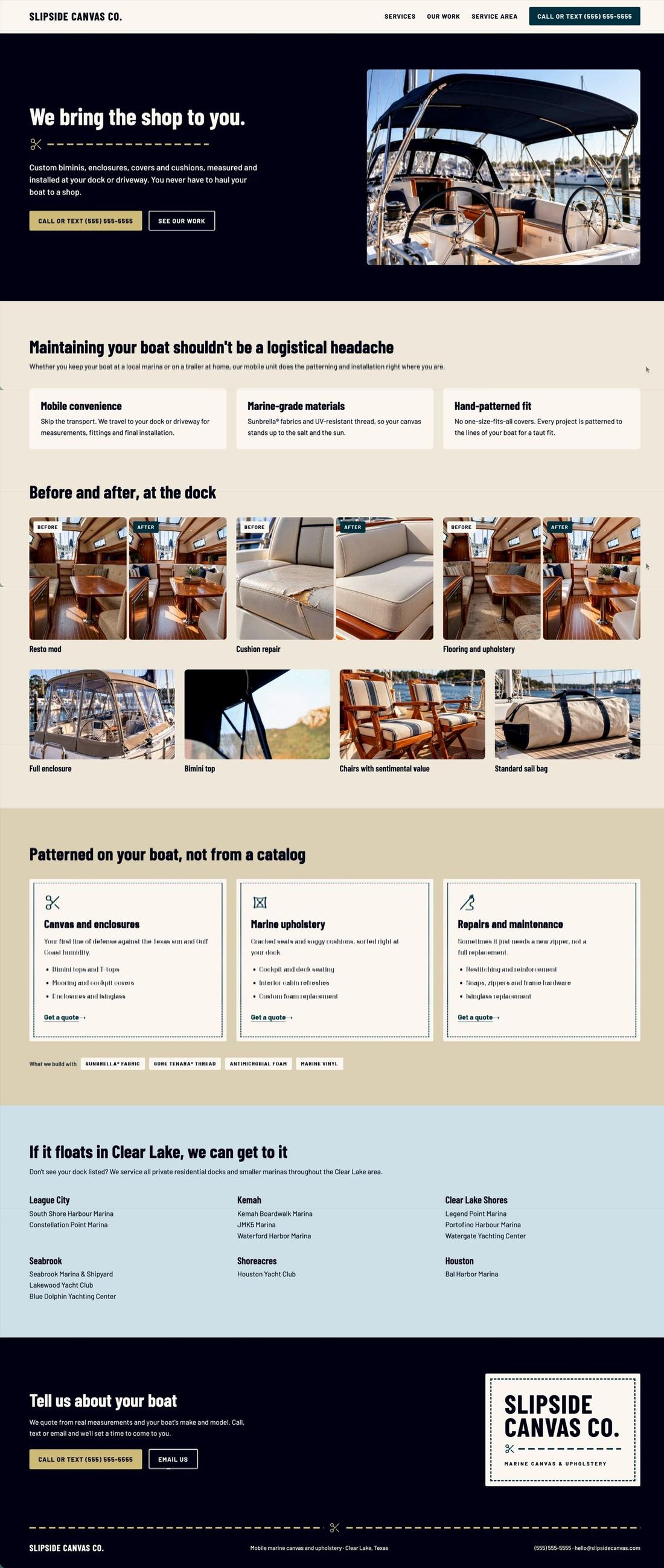 Full homepage design for Slipside Canvas Co., scrolling from the hero down to the contact section