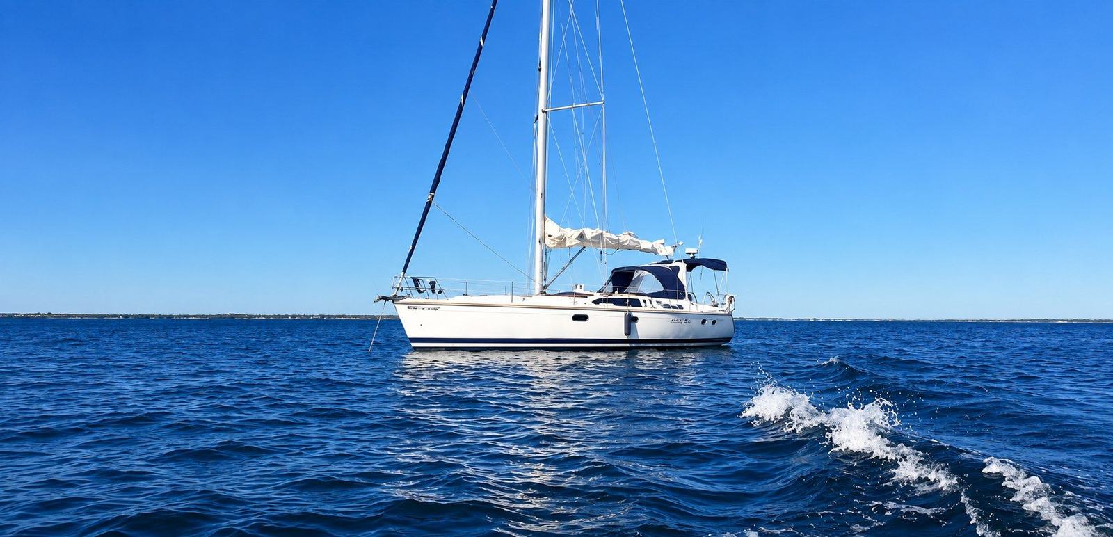 A Hunter 430 sailboat at anchor on calm blue water