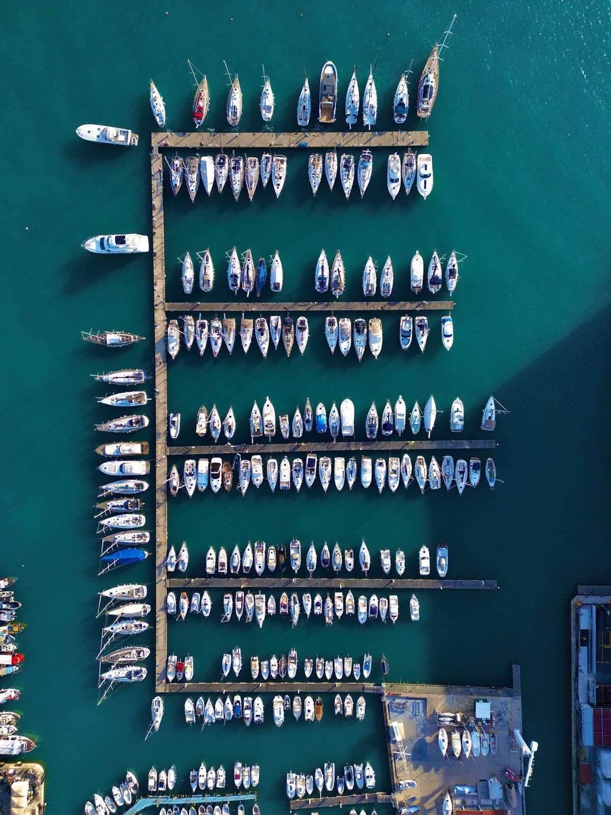 Marina seen from above, boats in their slips
