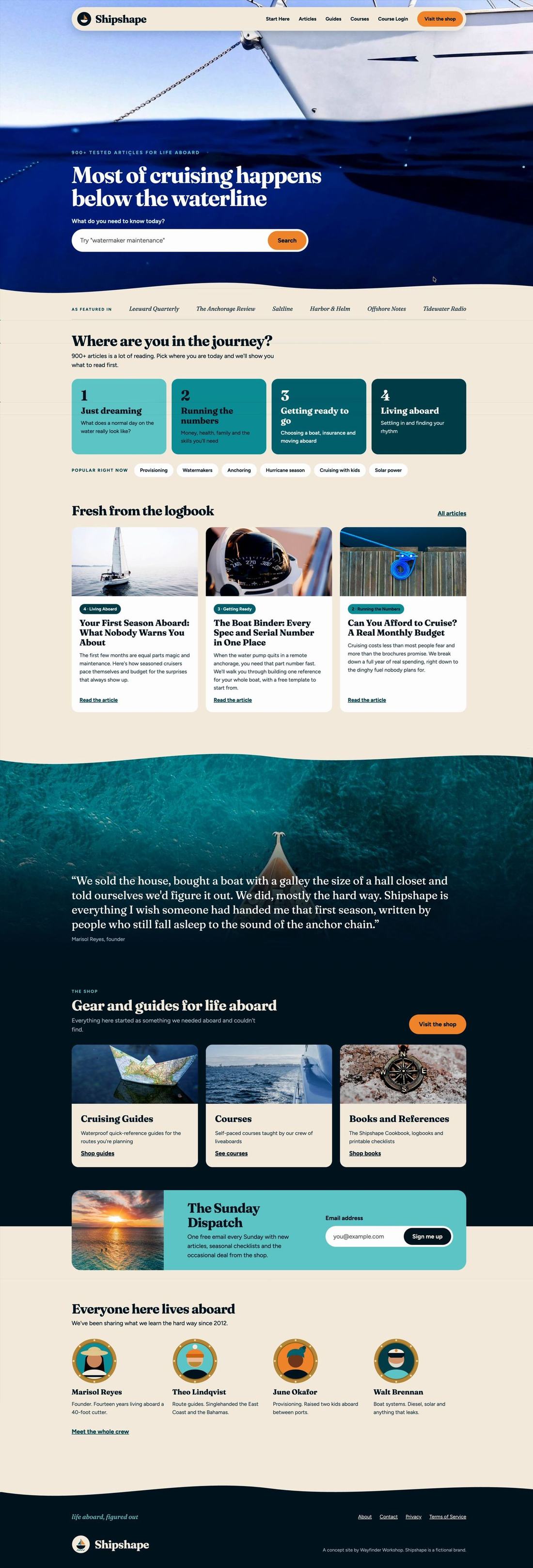 Full homepage design for Shipshape, scrolling from the hero through articles, the shop and the crew
